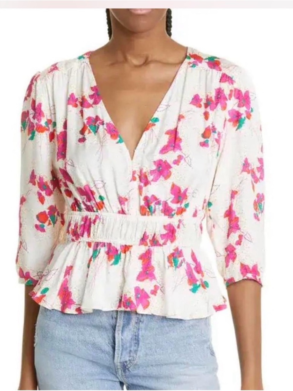 ba&sh White Peplum V-Neck Blouse with Pink Floral Print